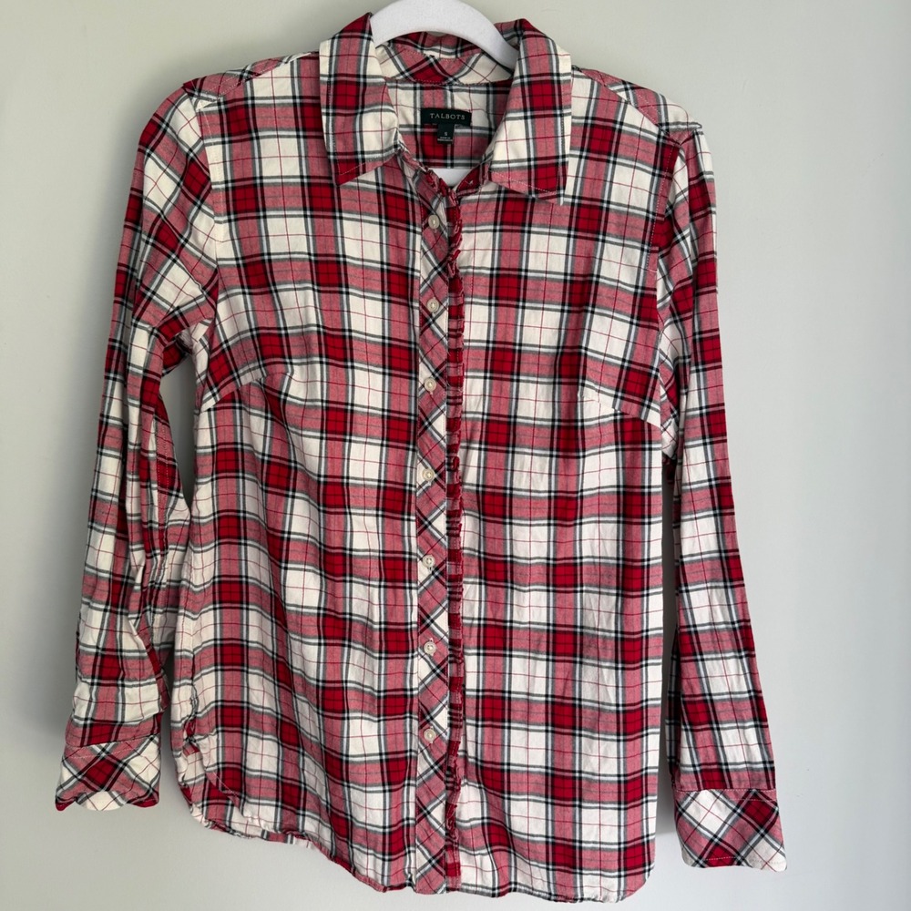Talbots Button Down Shirt Red Ivory Plaid Ruffle Placket Cotton Size Small